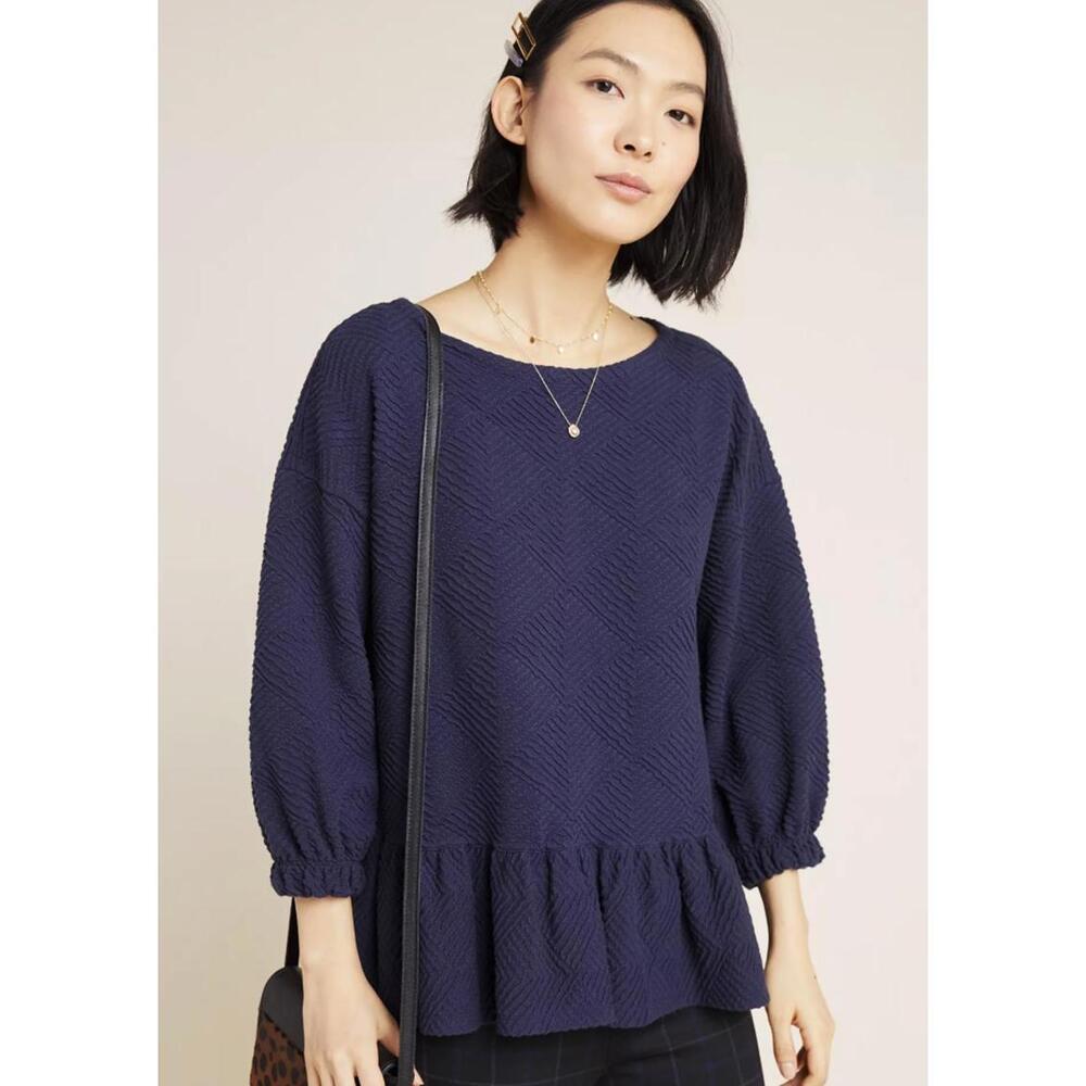 Maeve by Anthropologie Navy Mikayla Peplum Short Sleeve Sweater - Size - Medium